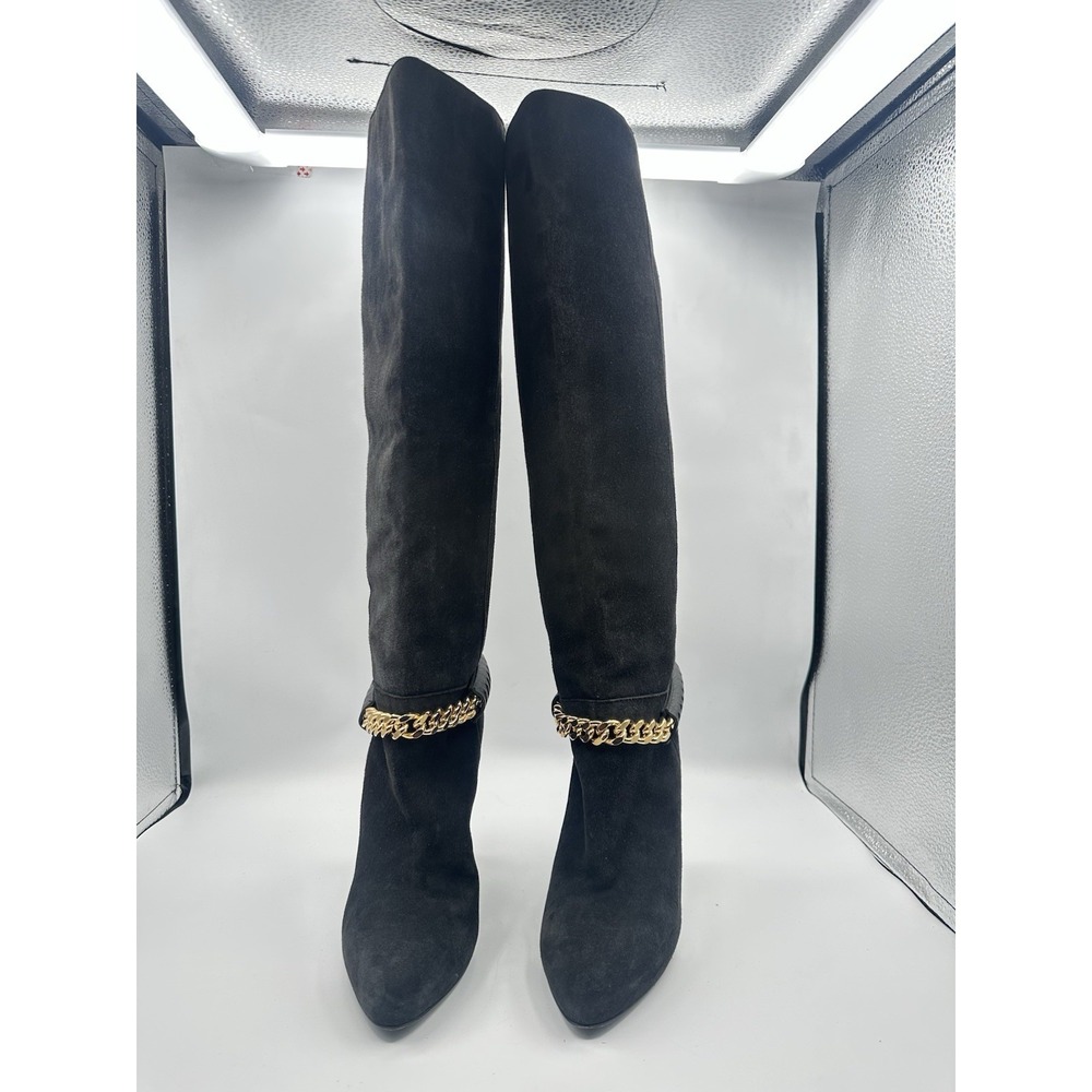 Roberto Cavalli Black Suede Knee High Boots Gold Chain & Stud Exotic Glam Rock - Picture 2 of 8